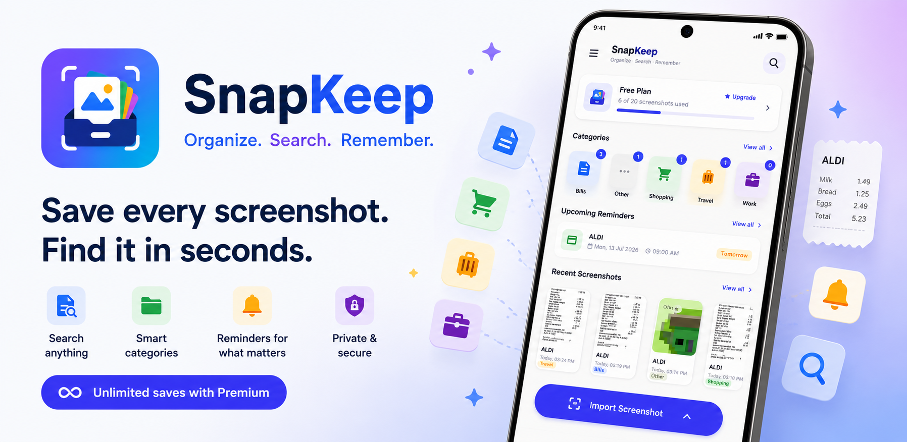 SnapKeep app overview — home screen, categories, and search