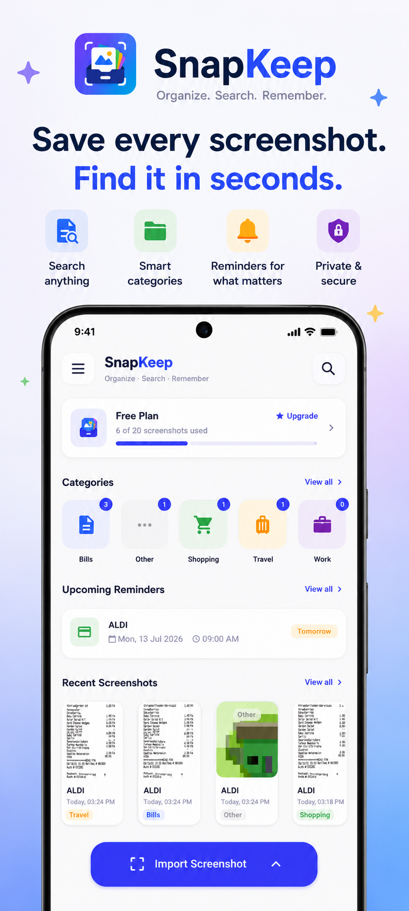 SnapKeep home screen